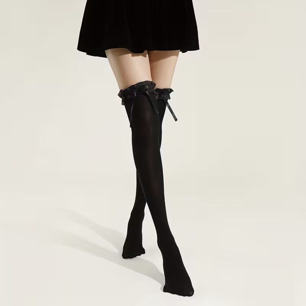 Women's Black Thigh High Stockings with Ruffle and Bow Cosplay Sexy Cute Fun NEW